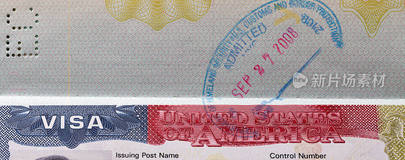 美国签证在护照的特写。