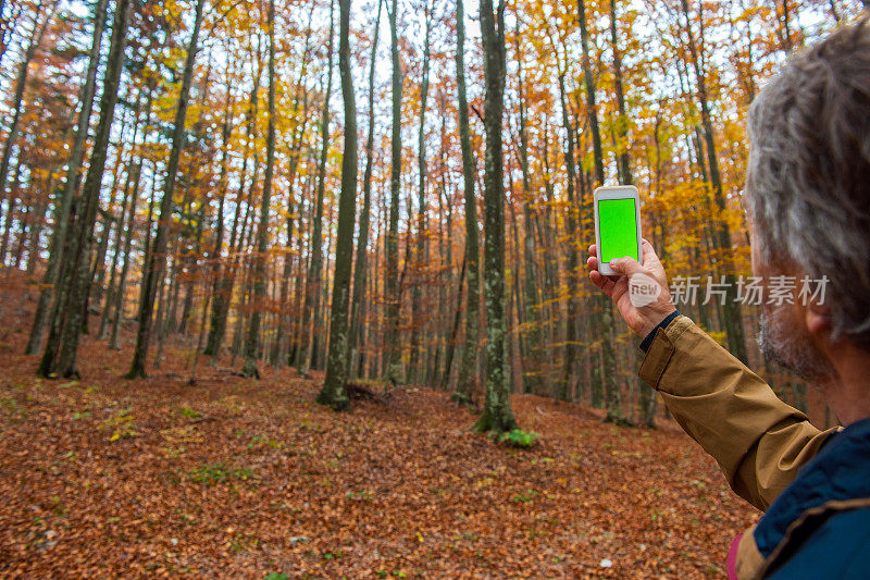 欧洲秋天的森林里，拿着绿屏智能手机的老人