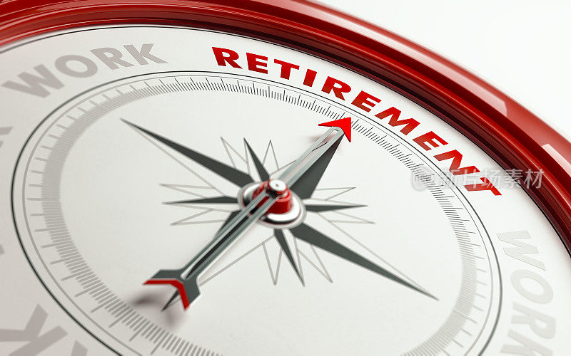退休概念:指向退休文本的指南针箭头