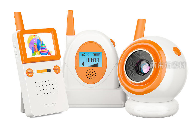 音频婴儿监视器和婴儿摄像头。3D渲染孤立的白色背景