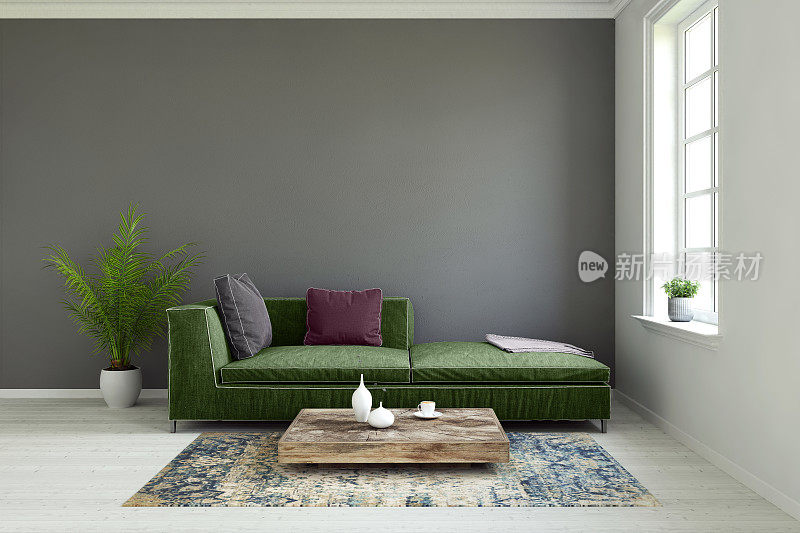 彩色沙发与窗户空白墙模板