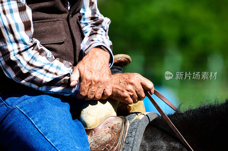 握住缰绳的美国资深牧场主的手骑马西班牙叉美国犹他州