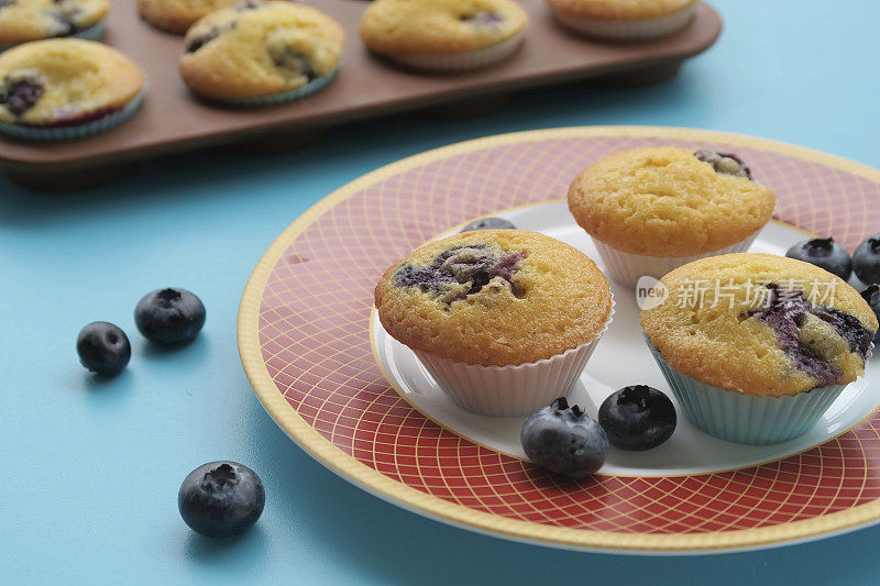 三个自制的蓝莓松饼配上新鲜的蓝莓放在盘子里，背景是绿松石色，家庭烘焙的照片