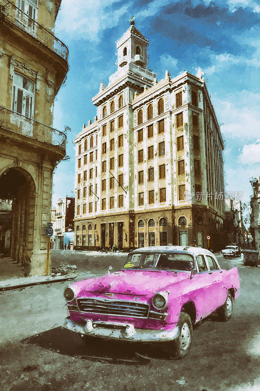 复古的粉色老爷车驶过哈瓦那老城亚克力画风格