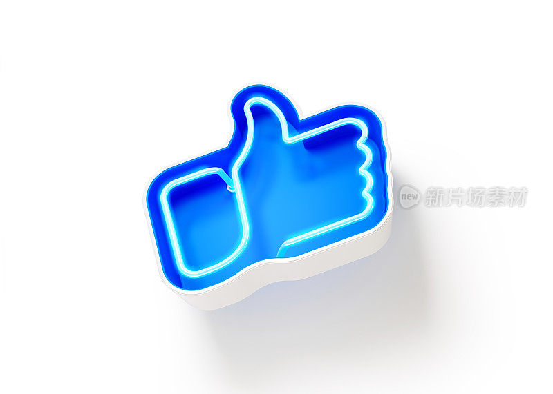 大拇指向上的形状蓝色霓虹喜欢按钮在白色的背景