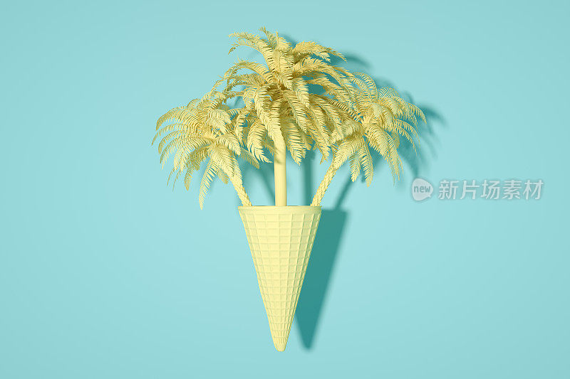 冰淇淋甜筒与棕榈树，简约的超现实夏季概念，3D抽象背景