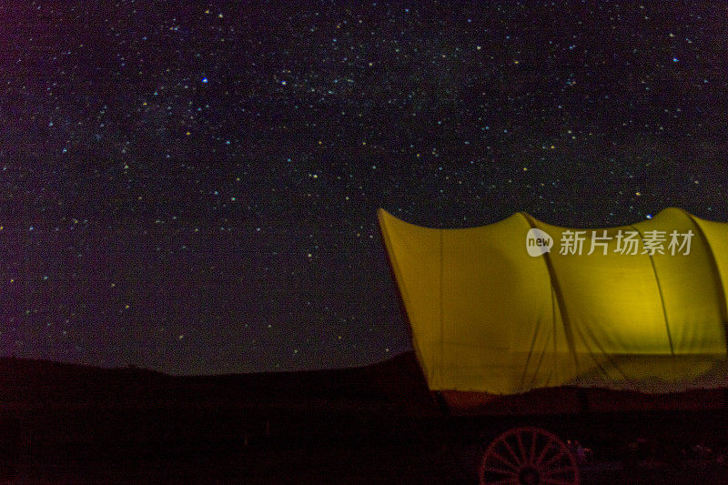 露营车露营在山上的一个湖，在夜空和星星下发光