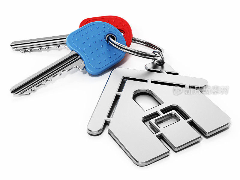 两把钥匙连接在房子形状的钢钥匙链上，隔离在白色上