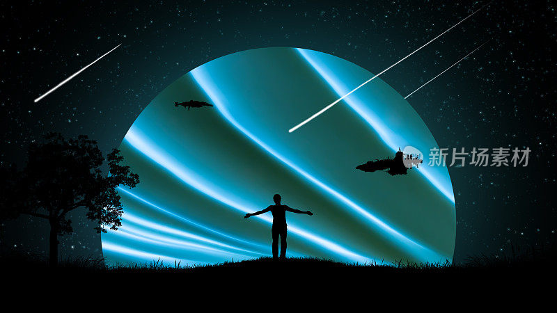 一个人在夜晚的户外，双手分开，高举到空中，背景是星空中的宇宙飞船和一个美丽的发光的霓虹行星。
