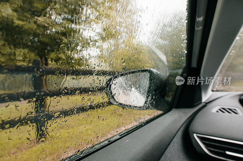 雨滴落在车窗上的特写镜头