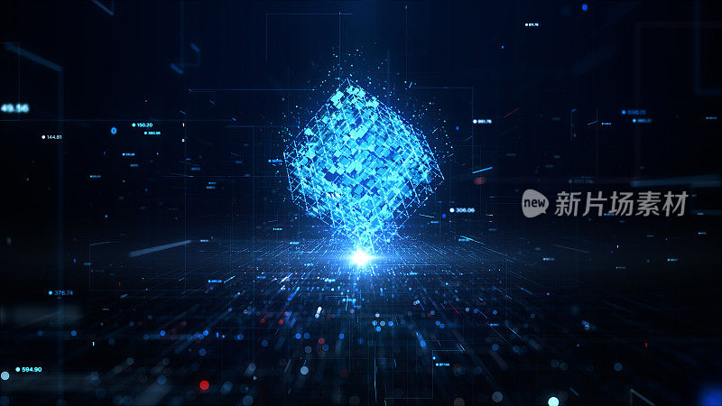 蓝色数字立方体旋转、技术与元宇宙、技术数字数据网与区块链连接、抽象背景、3d渲染