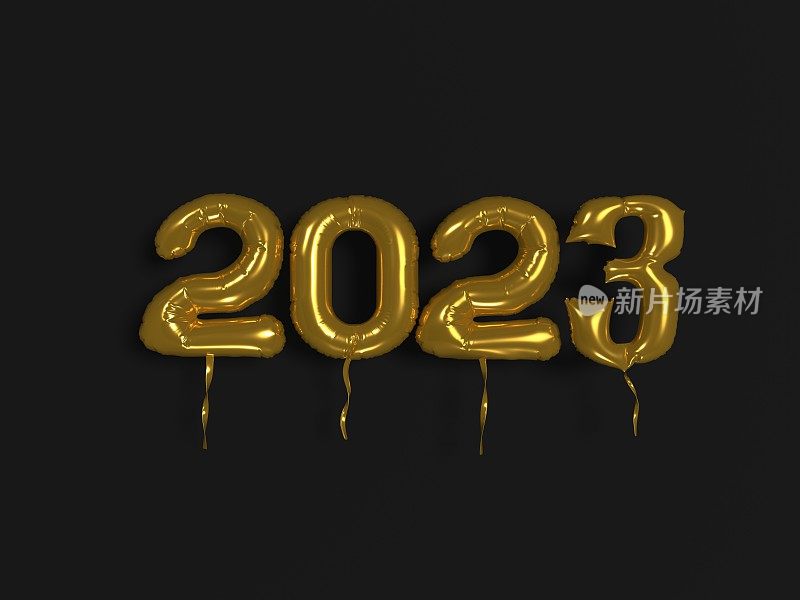用黑色背景的金色气球制作的2023年新年贺卡