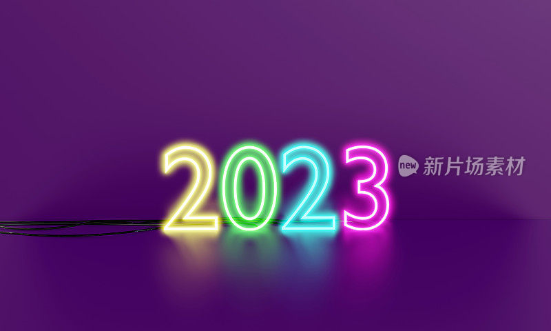 2023新年。彩色霓虹灯照明2023数字彩色背景