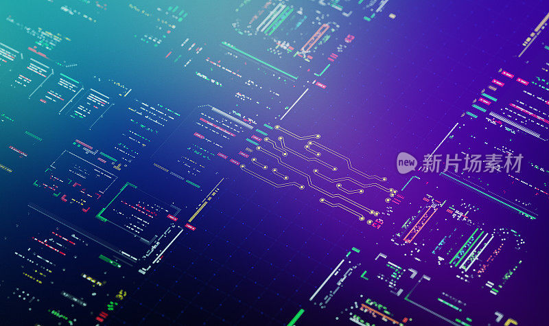 现代数字背景与代码和PCB。为文本或品牌放置留出空白空间