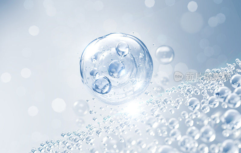 化妆品保湿水分子，化妆品精华液，液体气泡，水背景液体气泡中的分子。