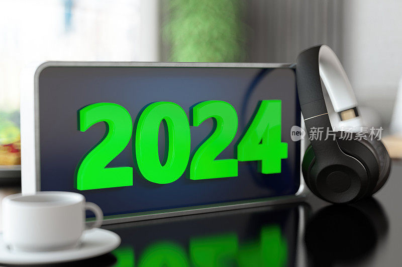 2024播客概念与霓虹灯标志，耳机和咖啡