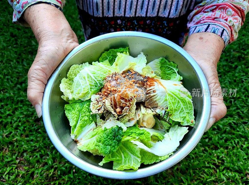 老人手捧一碗准备好的白菜、蔬菜和炒蒜——食物准备。