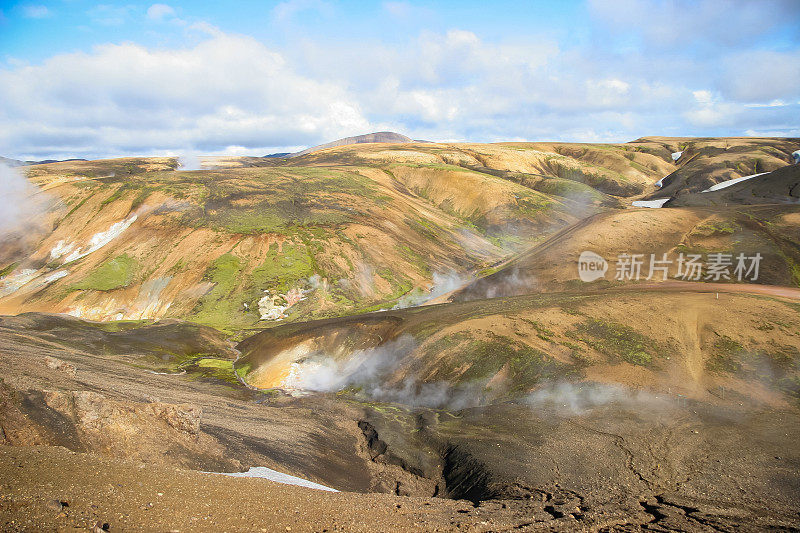 冰岛Laugevegur步道起点的Landmannalaugar周围起伏的、色彩斑斓的山脉