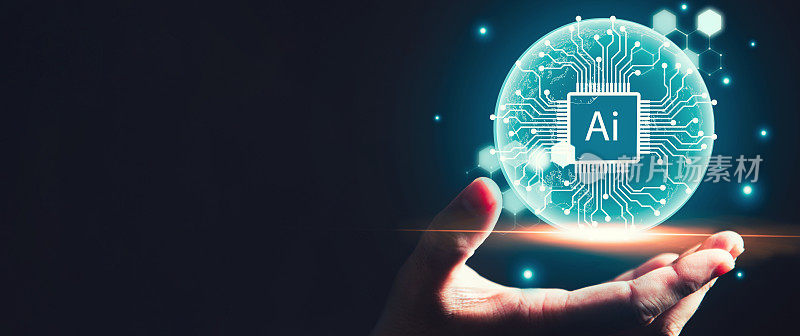 人工智能和自动化机器连接学习语言蓝色数字与商人的手背景。网络安全与计算机视觉双元驱动商业产业主题。