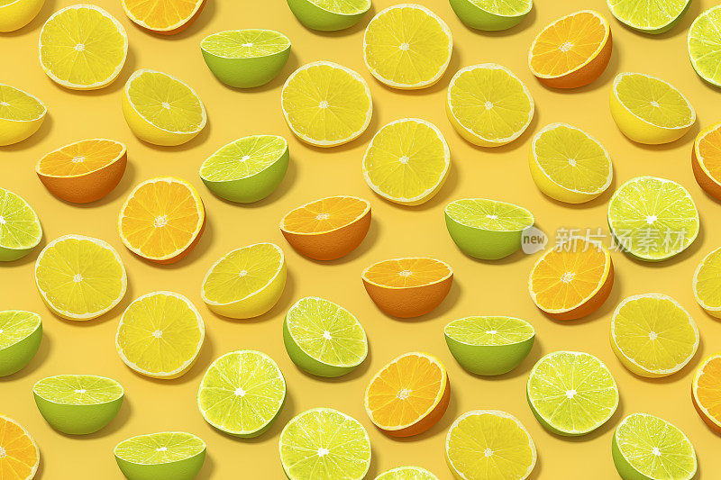 酸橙水果片与阳光在黄色背景