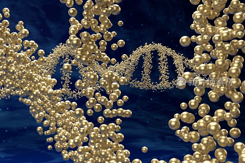 DNA分子中的金核苷酸(人类基因组)双螺旋链与星云背景-通过视图三维插图
