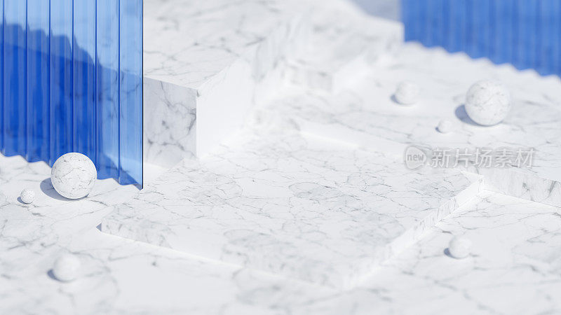 抽象的白色大理石裙台和蓝色玻璃的装饰元素。产品展示的极简主义背景