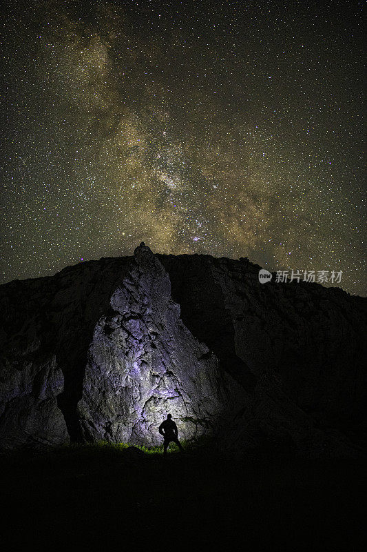 巨石下一个人的剪影，看着银河。