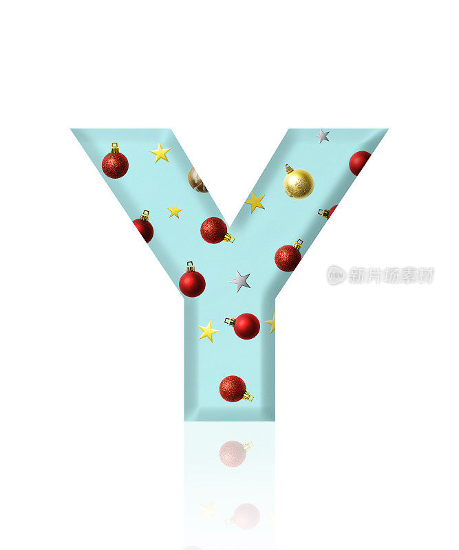 白色背景上的三维圣诞装饰字母Y的孤立镜头