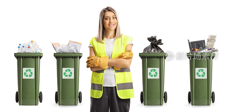 一名穿着制服、戴着手套的女拾荒者在装满回收材料的垃圾箱前摆姿势