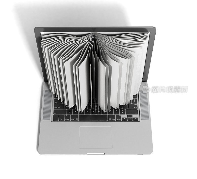 创造性的电子学习概念书和笔记本电脑3d渲染在白色
