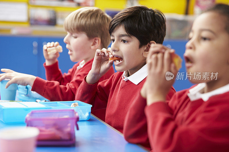小学生坐在餐桌前吃午餐