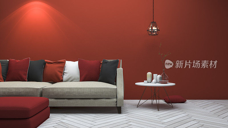 3d渲染红色现代风格的客厅与最小的装饰