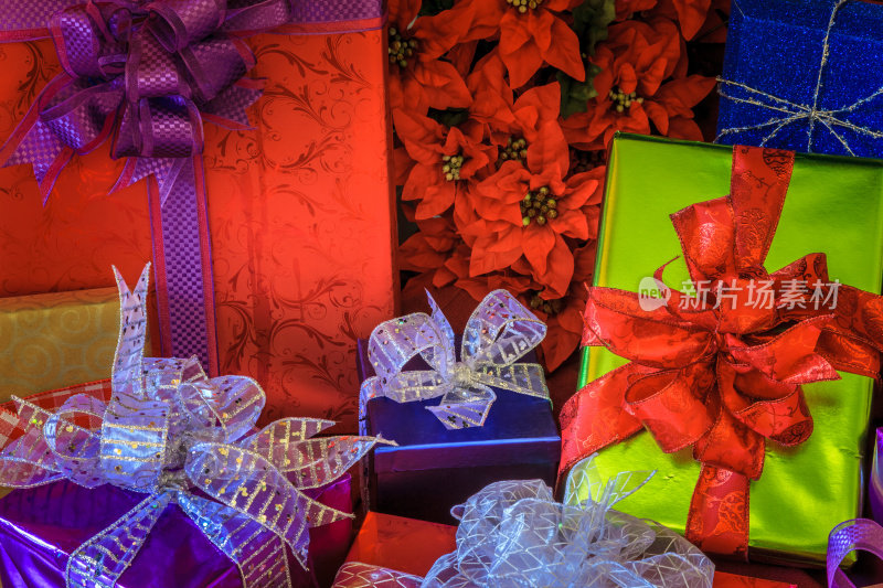圣诞礼物，红丝带，蝴蝶结，一品红(P)