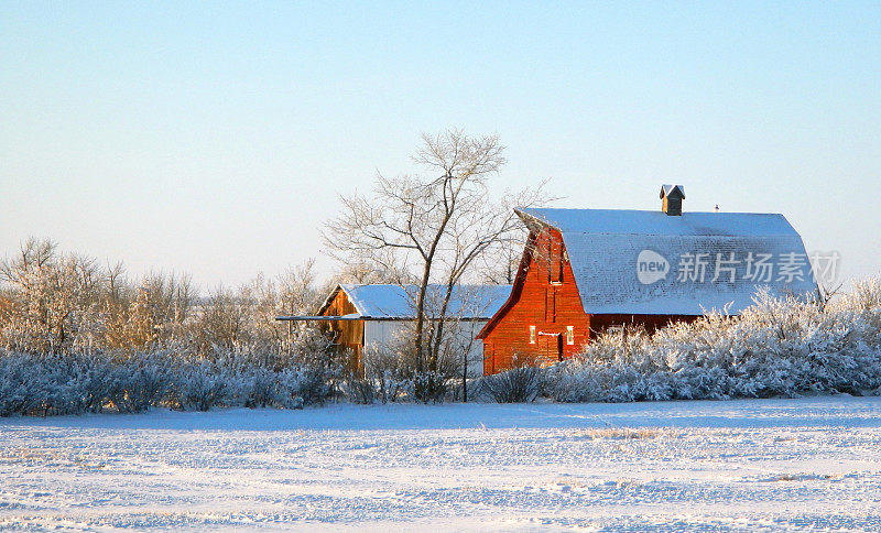 红色谷仓的冬季场景