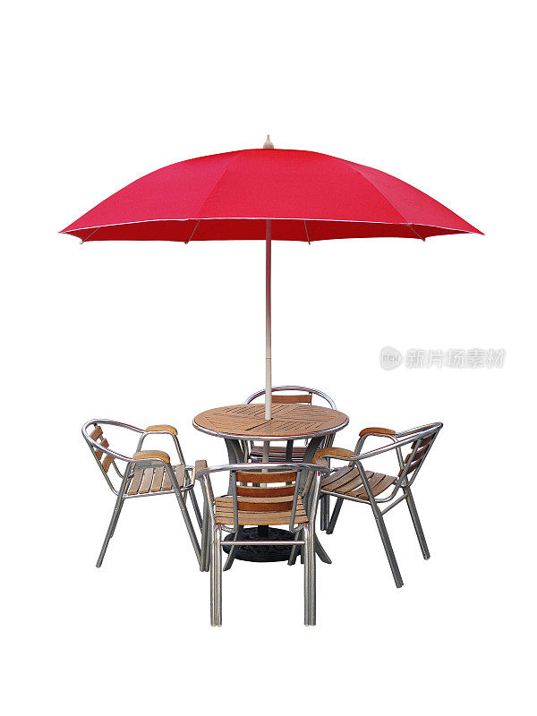 咖啡桌椅阳伞，孤立在白色背景上
