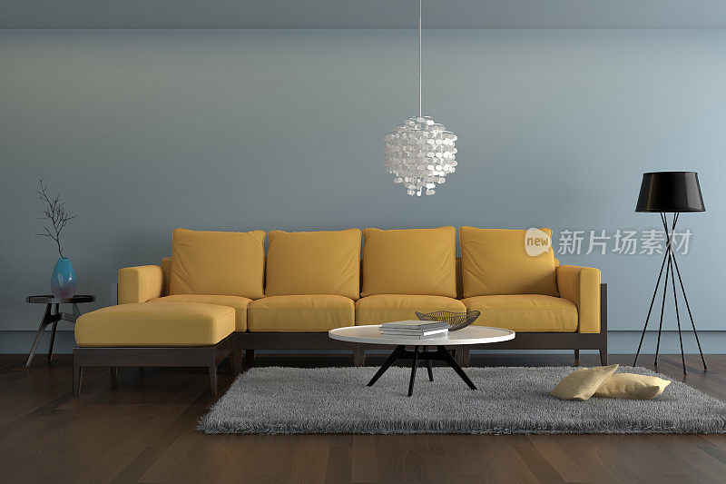 黄色沙发和浅蓝色墙壁的现代客厅
