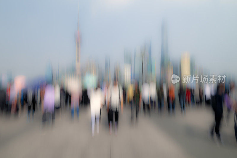上海天际线和黄浦江上的人们，模糊的形象