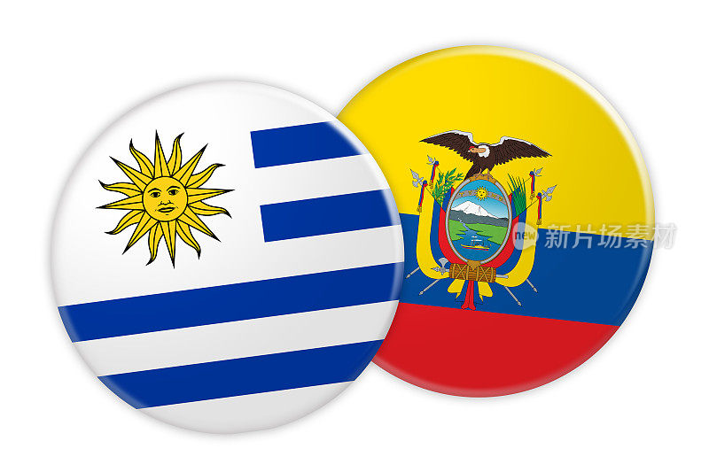 新闻概念:乌拉圭国旗按钮厄瓜多尔国旗按钮，3d插图在白色的背景