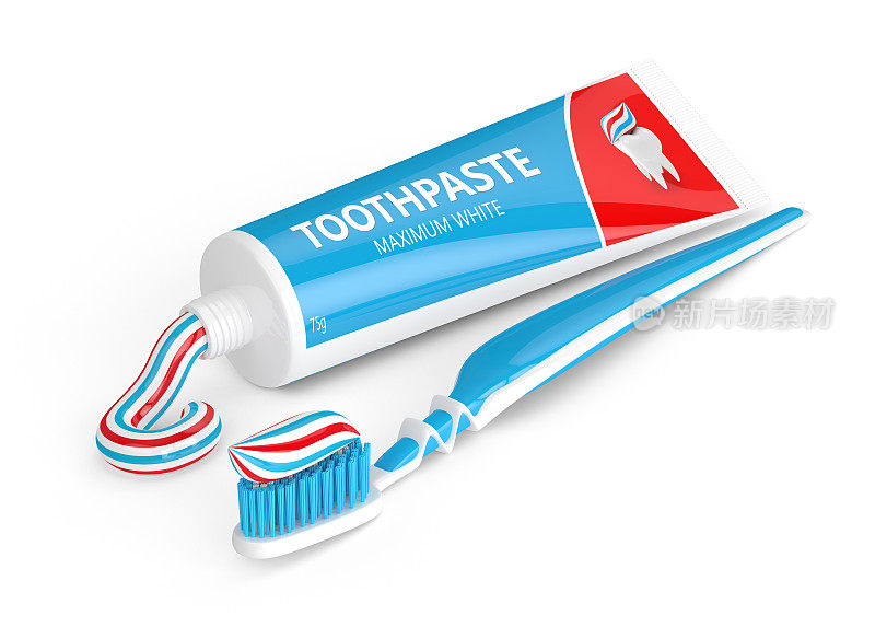 牙刷与牙膏在白色的3d渲染