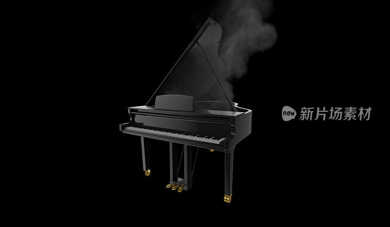 豪华燃烧的黑色钢琴在黑暗的场景中冒着烟