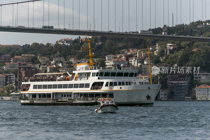 传统的客船通过博斯普鲁斯海峡附近的鲁米里城堡在欧洲的一面，在土耳其伊斯坦布尔的萨里耶