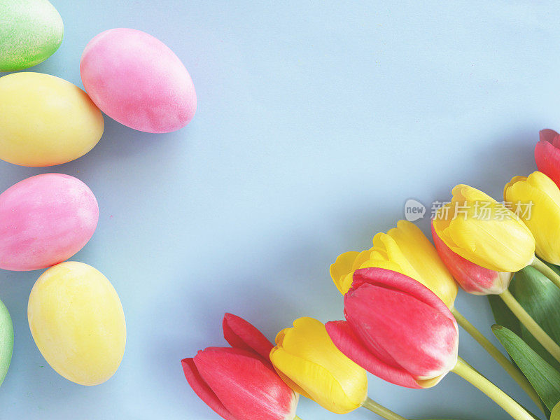 红色和黄色的郁金香和颜色柔和的复活节彩蛋