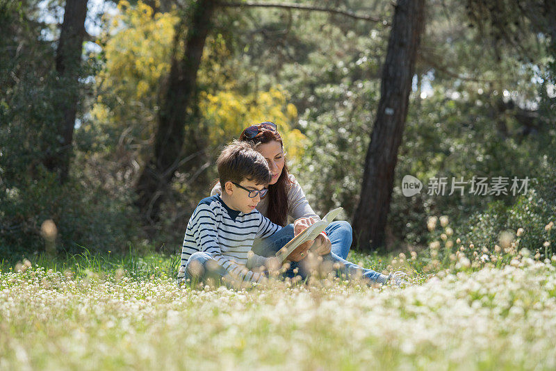 美丽的女人和她的儿子坐在森林里看书