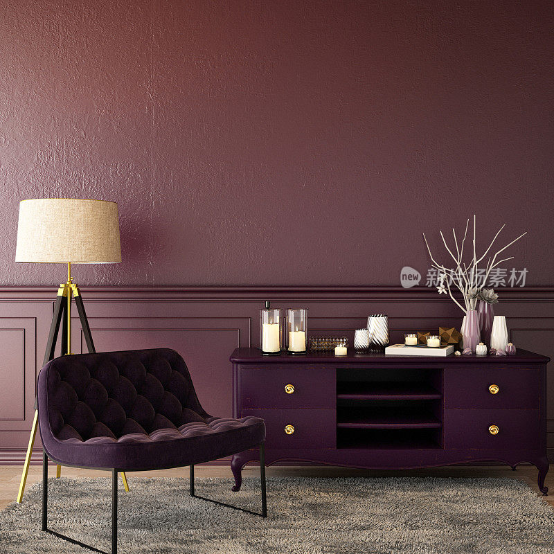 经典风格的家居设计，餐具柜装饰，木地板天鹅绒扶手椅，紫色墙壁，3d渲染，3d渲染