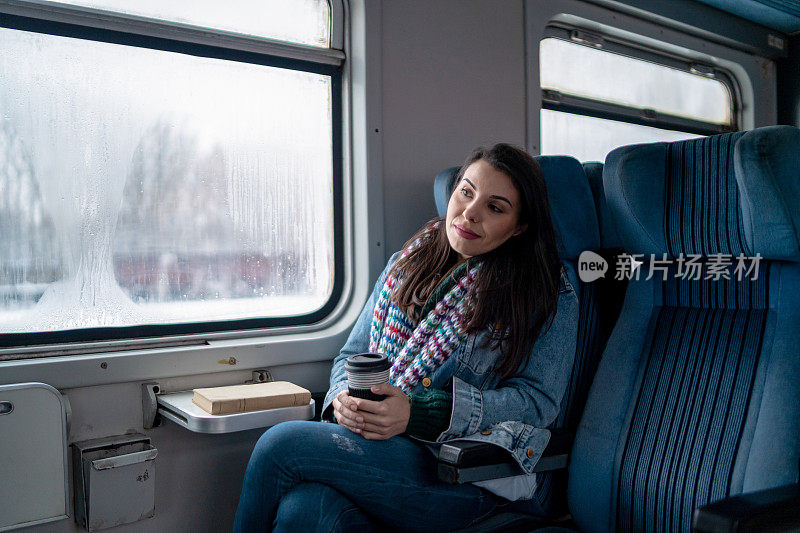 年轻女子乘火车旅行