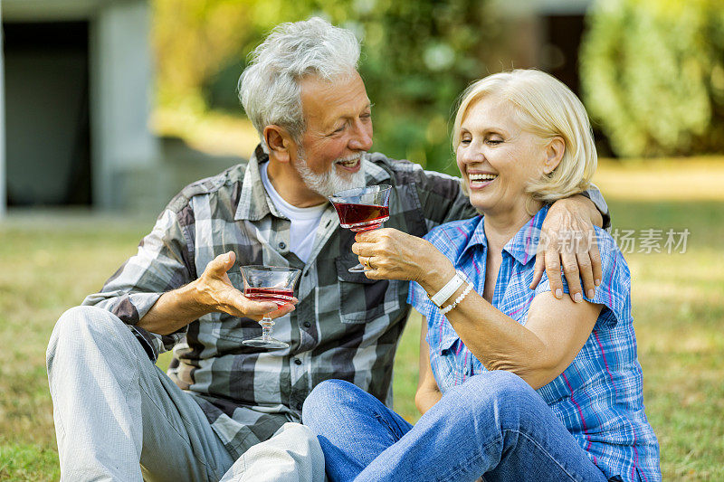 一对老年夫妇在一个阳光明媚的日子里在公园里野餐喝酒