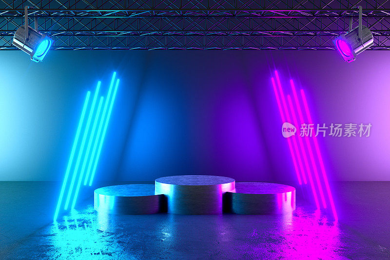 紫外氖激光发光线，光隧道，抽象3D背景与空产品架，平台