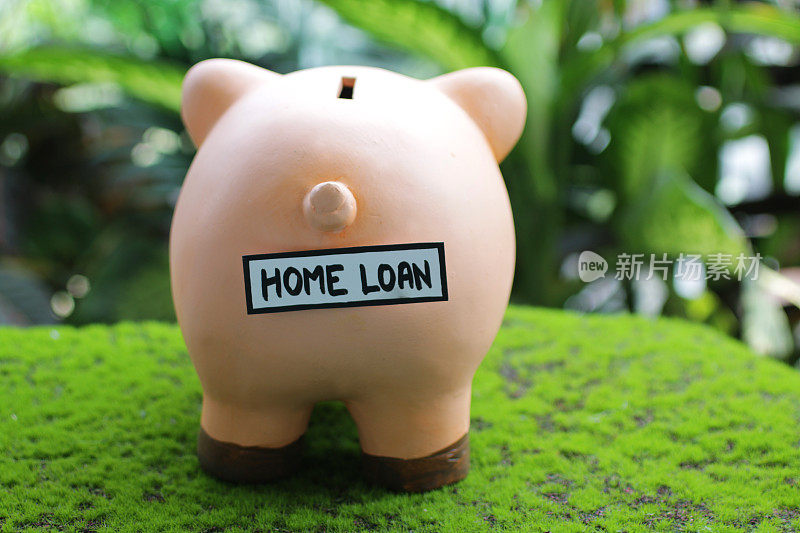 形象的小猪银行尾部与家庭贷款标签，插槽顶部，家庭财务和储蓄概念