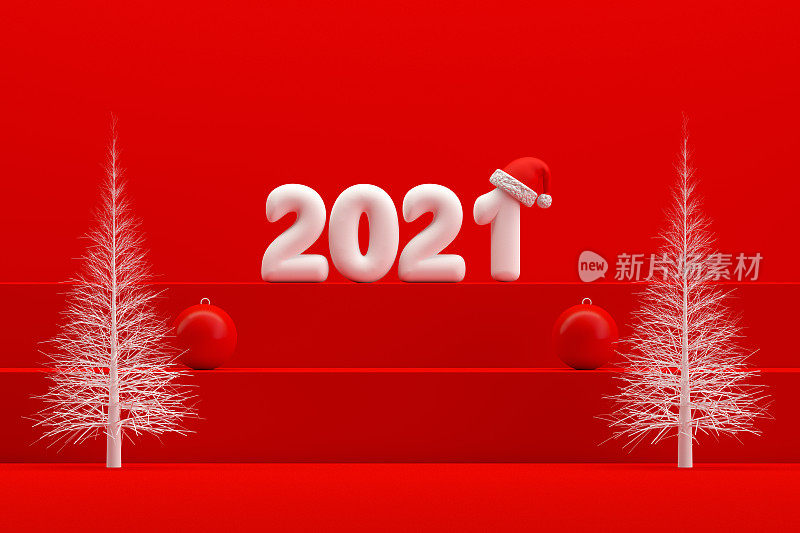 圣诞2021新年概念，红色背景，楼梯站讲台