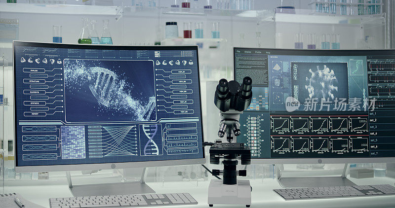 未来的实验室设备——冠状病毒检测。空的工作场所